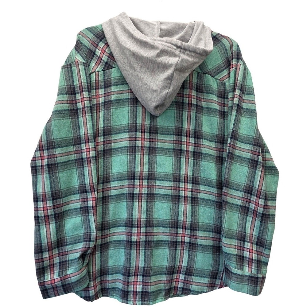 Unbranded Teal Plaid Hooded Flannel Shirt Womens XL Button Up Long Sleeve Hoody - Picture 2 of 8